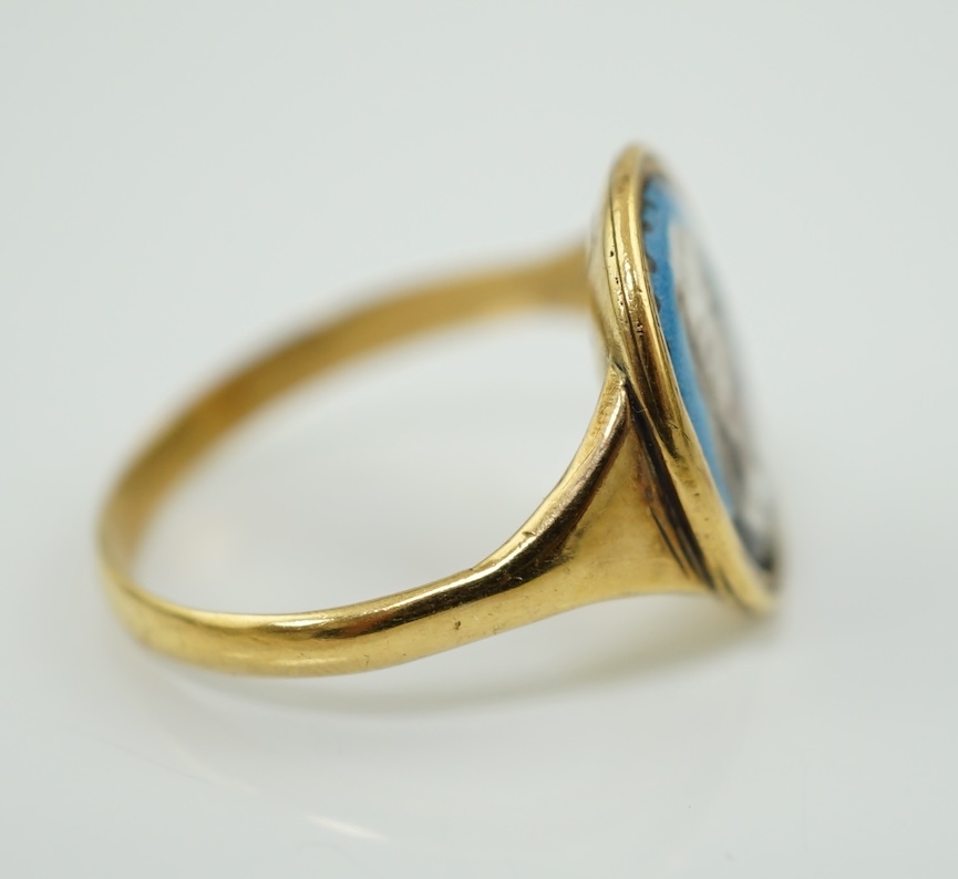 A mid 17th century Charles I gold and enamel oval memorial ring